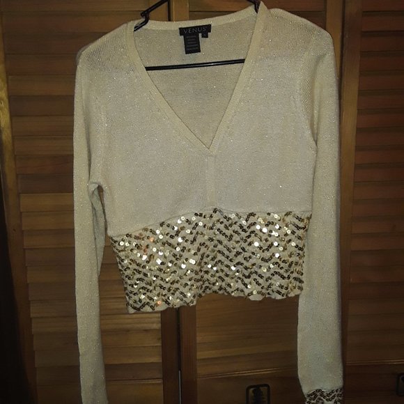 Venus SZ SM Cream Gold Sparkle Sequin Waist Cuffs Cashmere Wool Crop Sweater - Picture 1 of 6